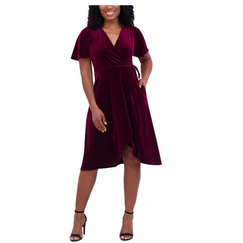 Jessica Howard Womens 6P Burgundy Velvet Faux Wrap Midi Dress With Flutter Sleev